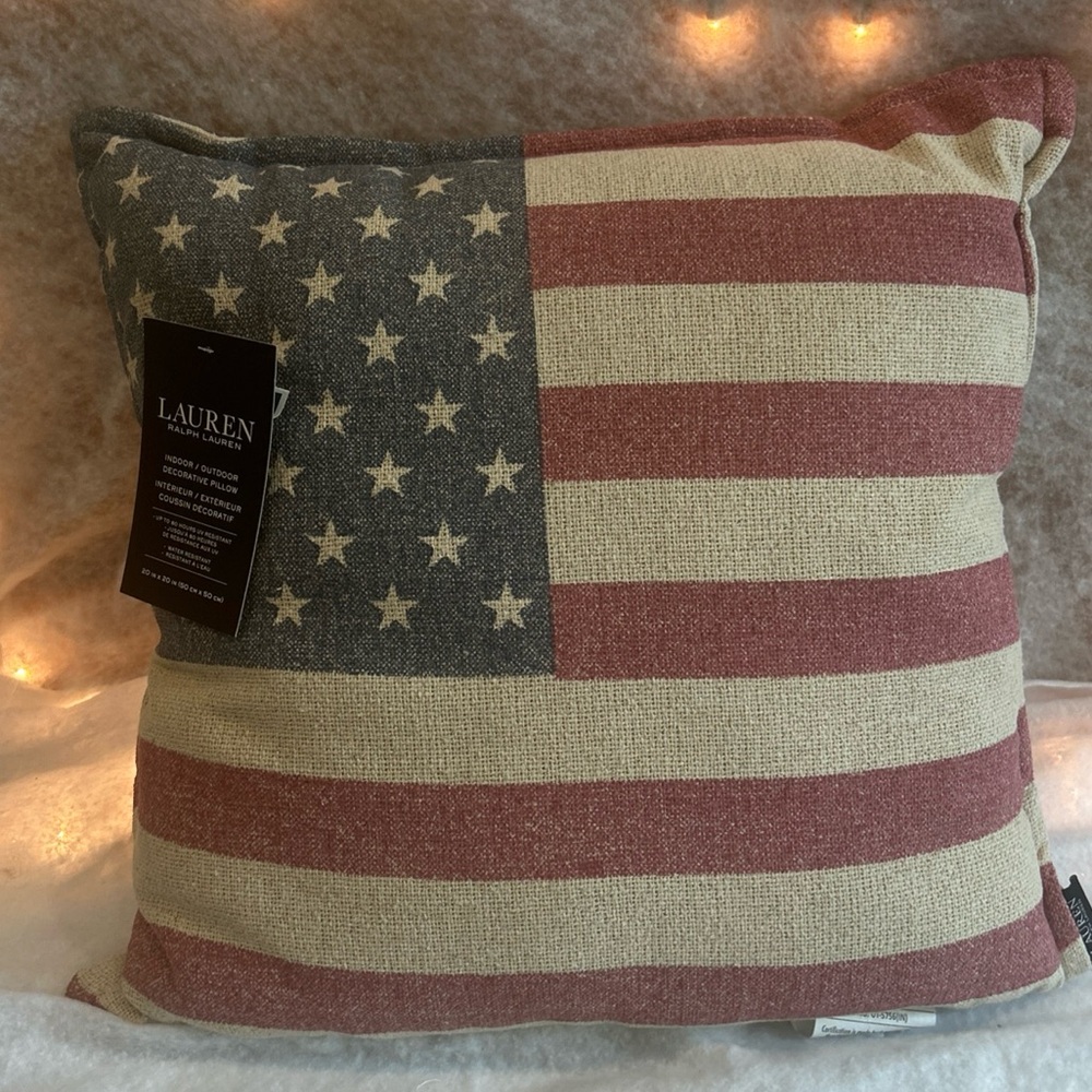 LAUREN RALPH LAUREN Indoor Outdoor American USA Flag Throw Pillow 20x20” July 4